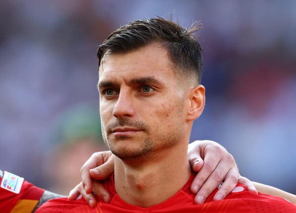 MANCHESTER, ENGLAND - JUNE 19: Stefan Ashkovski of Macedonia looks on ahead of the UEFA EURO 2024 qualifying round group C match between England and North Macedonia at Old Trafford on June 19, 2023 in Manchester, England. (Photo by Chris Brunskill/Fantasista/Getty Images)