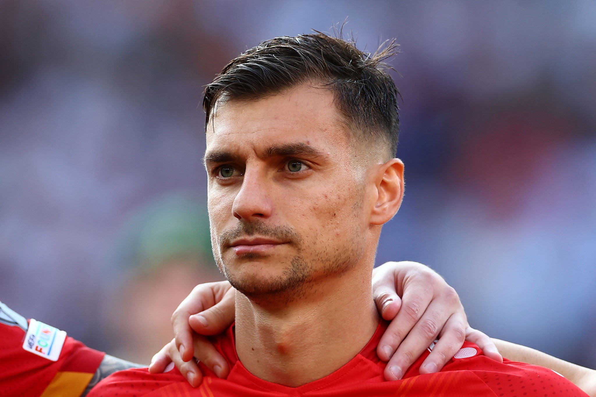 MANCHESTER, ENGLAND - JUNE 19: Stefan Ashkovski of Macedonia looks on ahead of the UEFA EURO 2024 qualifying round group C match between England and North Macedonia at Old Trafford on June 19, 2023 in Manchester, England. (Photo by Chris Brunskill/Fantasista/Getty Images)